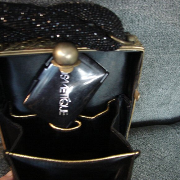 Vintage Purse 1940s Tyrolean Bag Mini Streamer Black Sequin and gold filigree - Picture 8 of 11